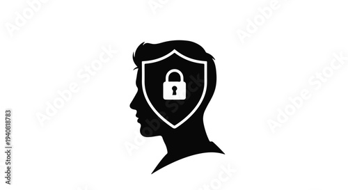 Cybersecurity concept with protected head silhouette and padlock shield icon on white background