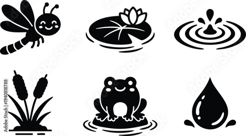 Cute happy frog sitting on lily pad near cattail plants with dragonfly flying above water droplet splashing ripples in minimalist black vector icons set