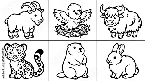 Line art animal icon grid showing mountain goat looking left, bird in nest, highland yak, leopard cub, marmot, fluffy rabbit
