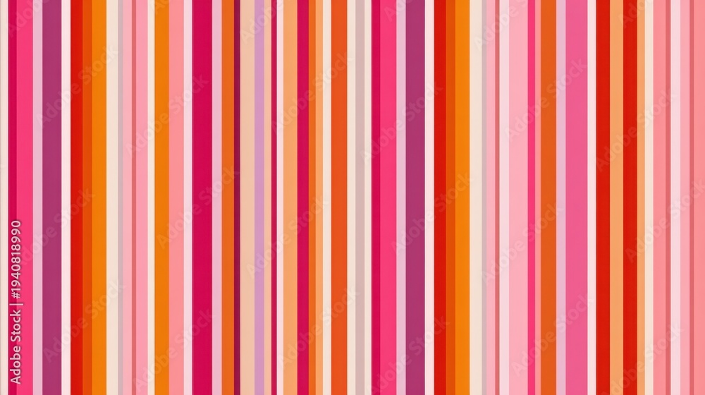Fototapeta premium Colorful vertical striped pattern featuring alternating pink, magenta, orange, peach, and light cream stripes in a seamless retro textile design for wallpaper or fabric use