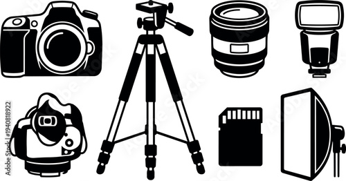 Flat design camera gear icons with central tripod, dslr front view, top view, lens, flash, sd card, softbox, studio lighting