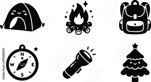 Cute smiling tent campfire compass and flashlight icons happy backpack and christmas tree fun outdoor camping equipment silhouette vector art