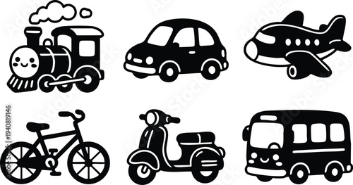 Cute black and white vector art of smiling train bicycle bus scooter car and airplane icons in simple flat design style with playful cartoon faces and clean outlines