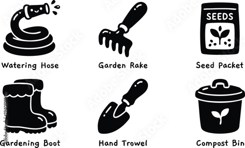Black and white vector icons of gardening tools including watering hose garden rake seed packet gardening boots hand trowel and compost bin simple garden equipment set