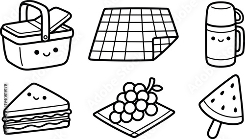 Whimsical kids doodle picnic icon set with smiling basket blanket thermos sandwich grapes and watermelon popsicle close up vector line art