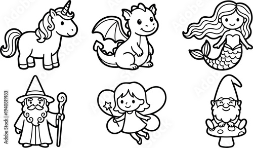 Whimsical kids doodle vector sheet featuring smiling unicorn, baby dragon, mermaid, wizard, fairy and gnome in black line art style