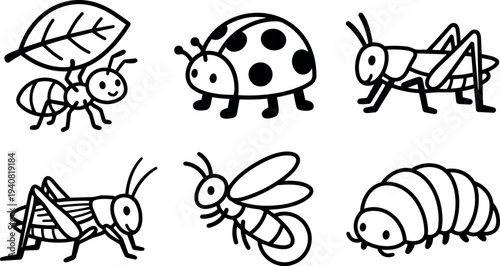 Whimsical kids doodle six insect icons close up smiling ant with leaf ladybug bee grasshopper cricket pillbug black line art vector