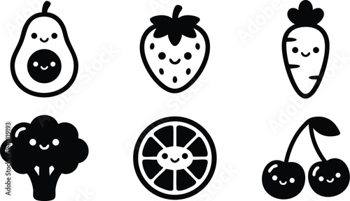 Cute smiling fruit and vegetable icons set featuring avocado with seed strawberry carrot broccoli orange slice and cherry vector art simple playful flat design illustration