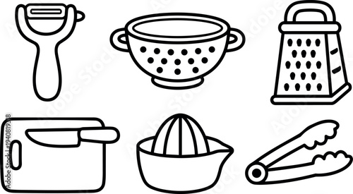 Minimalist flat line art kitchen utensils icon set with peeler colander grater cutting board knife juicer tongs on white background