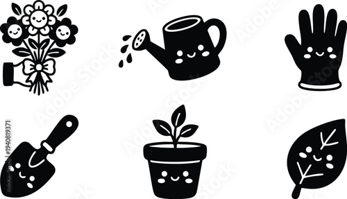 Cute black and white vector icons of smiling gardening tools including watering can trowel potted plant leaf bouquet and glove with happy faces simple floral and garden set