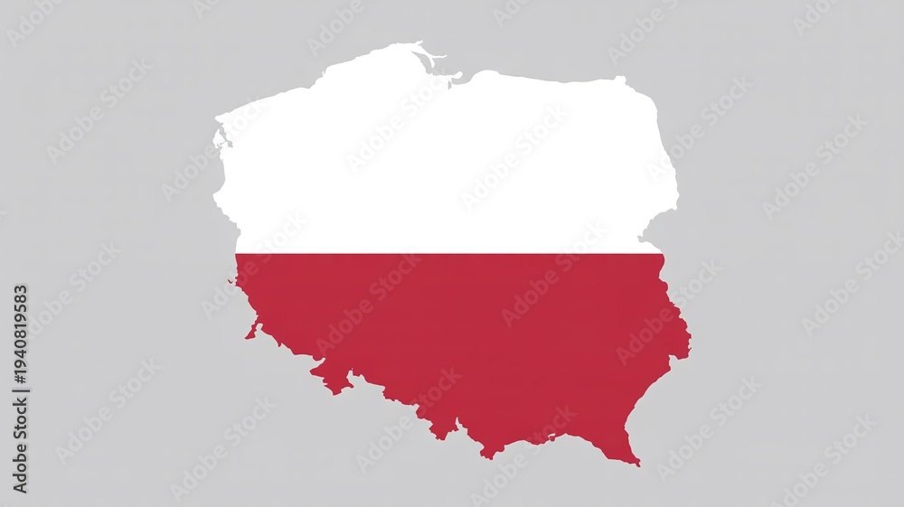 Obraz premium A clear, graphic representation of the map of Poland filled with its national white and red flag colors.