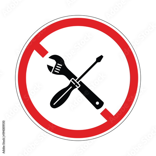 No tools sign, tools prohibited symbol, red circle prohibit tools icon, crossed hammer and wrench ban sign, restriction warning label, safety regulation symbol, flat vector isolated illustration