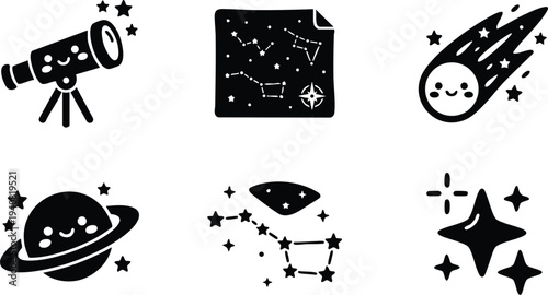 Flat design vector art of smiling telescope planet comet constellation chart and twinkling stars celestial icons in black silhouette style isolated on white background