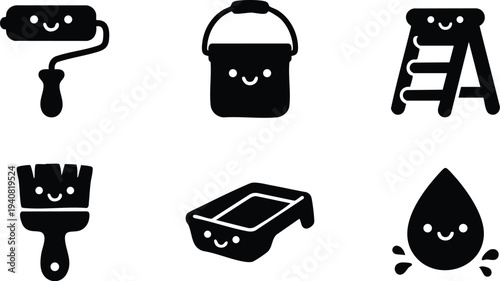 Cute smiling black paint roller paint bucket step ladder brush paint tray and water drop icons vector art set on white background