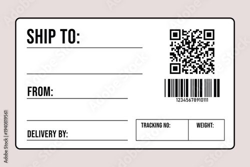 Clean and modern shipping label design with barcode qr code product name logo placeholder and shipping symbols for logistics and e commerce packaging