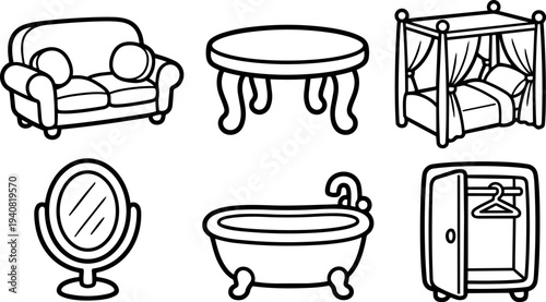 Hand drawn line art set of six furniture icons showing sofa round table canopy bed vanity mirror clawfoot bathtub wardrobe