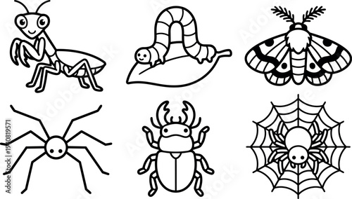 Line art insect icon set featuring six smiling bugs including praying mantis caterpillar moth spider beetle on web flat