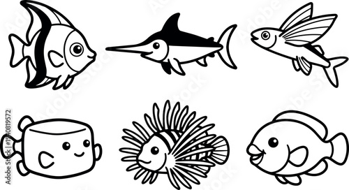 Line art cute marine fish icon set six different smiling cartoon sea creatures side view isolated vector illustration bold outline