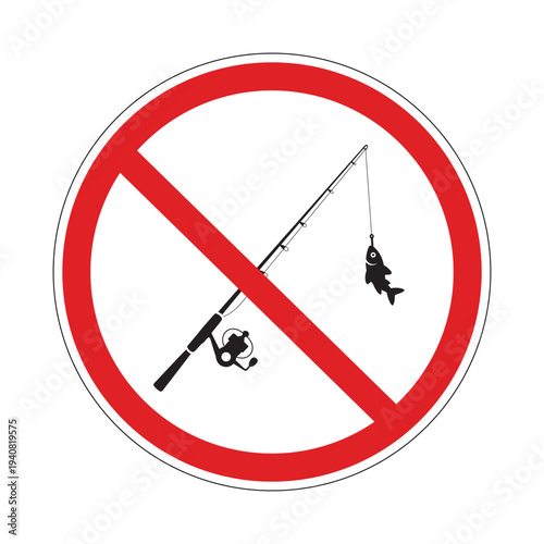 Not fishing sign, no fishing symbol, red circle prohibit fishing icon, crossed fishing rod ban sign, fishing prohibited warning label, restriction symbol, flat vector isolated illustration