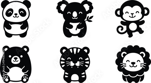 Cute flat design vector icons of smiling panda koala monkey bear tiger and lion animals in black and white style with simple shapes isolated on white background