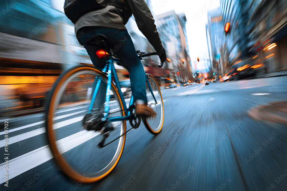Naklejka premium Bicyclist rides through city street during evening rush hour under urban lights