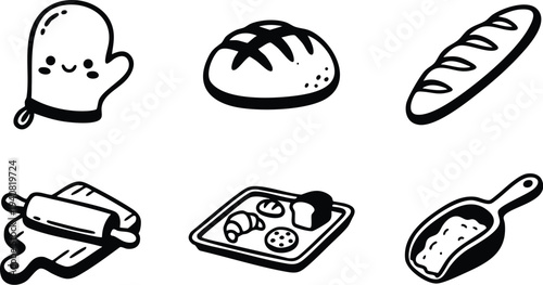 Cute black and white line art baking glove fresh round loaf baguette with rolling pin bread cutter tray of pastries and flour scoop vector illustration set
