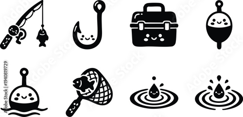 Cute black silhouette fishing icons set including fishing rod with fish net with fish fishing hook and smiling bait splash water drops in flat design style