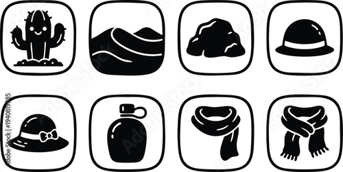 Black and white minimalist icon set featuring happy cactus with soil desert dunes rocky mountain bowler hat woman sunhat perfume bottle and two style scarf variations