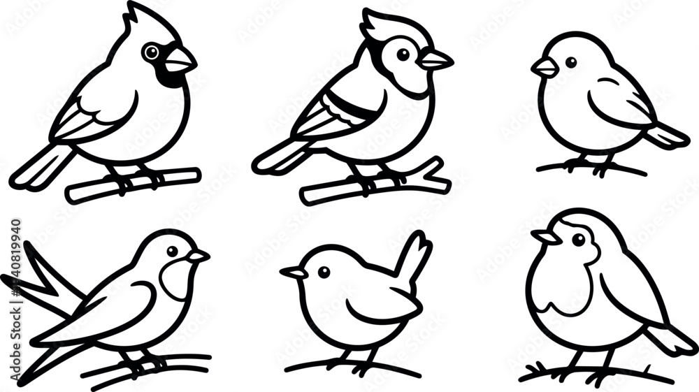 Fototapeta premium Line art bird icon set showing six distinct perching songbirds in black outline side view simple vector illustrations minimalist collection