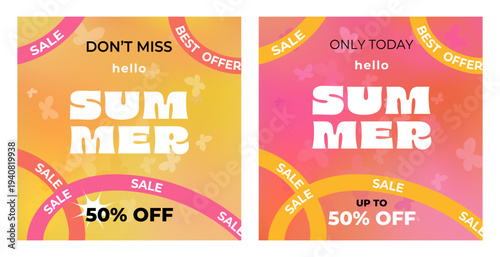 Summer sale set of  square banners, gradient, advertisement cover, template, vector
