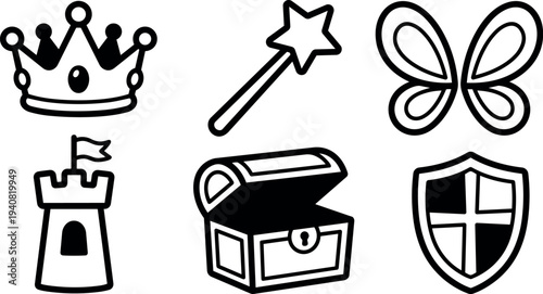 Line art fantasy icon set showing crown wand butterfly castle treasure chest and shield arranged in horizontal flat vector outline