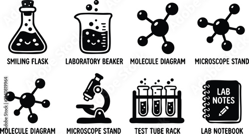 Cute smiling flask and laboratory beaker with bubbly liquid alongside molecule diagrams microscope stands test tube rack and lab notes black and white vector icons
