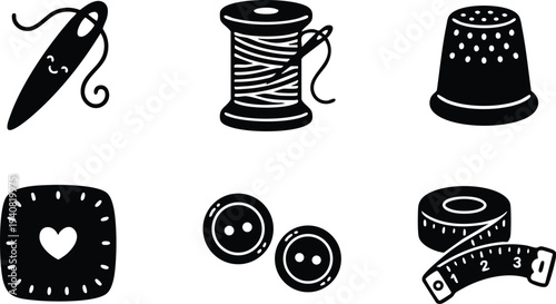 Black and white hand drawn sewing needle with thread spool thimble pin cushion heart shaped buttons and measuring tape vector icons set