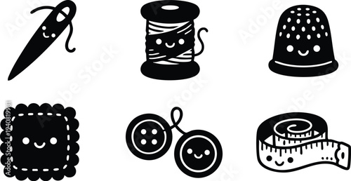 Cute smiling needle with thread spool and friendly thimble alongside happy cushion pin button and rolled measuring tape black silhouette vector art