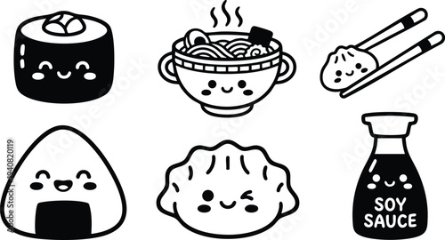 Cute black and white kawaii sushi bowl noodles dumpling soy sauce icons smiling faces vector art set with chopsticks and happy food characters in minimalist design