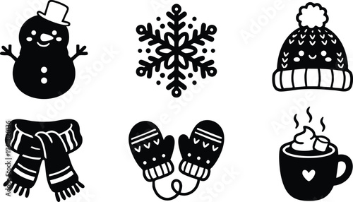 Black silhouette flat design set of smiling snowman with hat scarf mittens cup of hot chocolate with cream and marshmallows and knitted winter hat and detailed snowflake winter icons