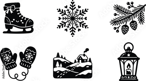 Black and white minimalist icons set including ice skate with bow snowflake mitten tree branch cabin landscape and candle lantern winter holiday design