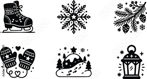 Black silhouette vector icons of ice skate mitten star snowflake winter pine cone branch snow covered hill path decorated lantern set