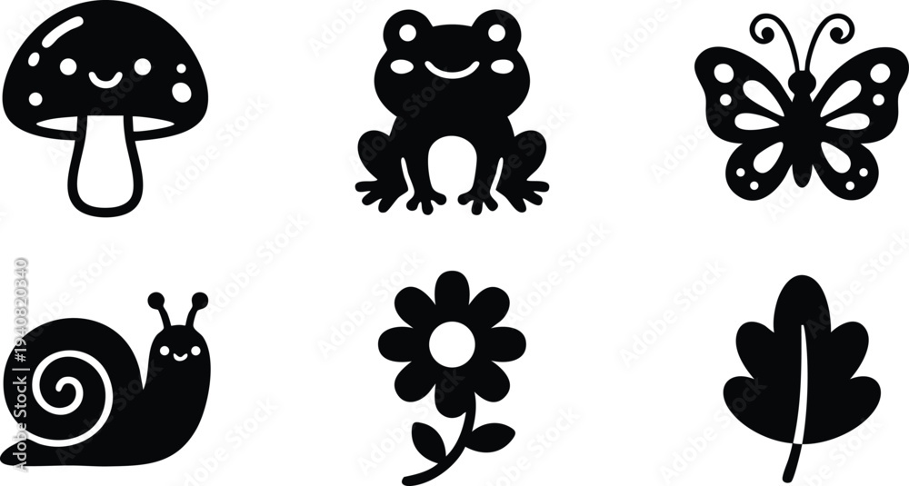 Fototapeta premium Simple black and white vector icons set featuring smiling mushroom frog butterfly snail flower and leaf illustrations in minimalist cartoon style