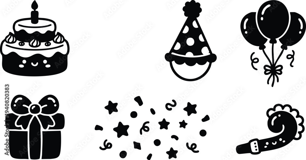 Fototapeta premium Cute black and white vector birthday party icons including smiling cake with candle party hat gift box balloons confetti and noise maker celebration elements