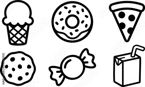 Minimal line art icon set of six snack items including ice cream donut pizza cookie candy and juice box