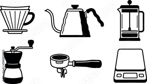 Minimalist line art flat vector coffee brewing icons set with dripper kettle french press grinder portafilter and scale black silhouette