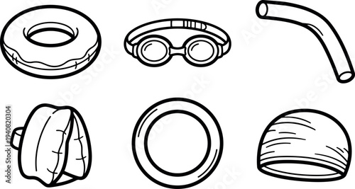 Minimalist flat line art set of swimming accessories including swim ring goggles pool noodle life vest inner tube swim cap