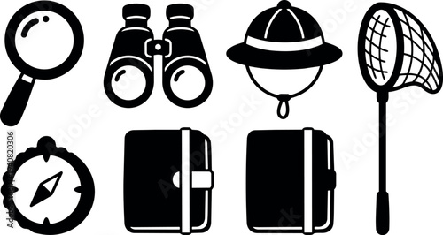 Flat design explorer icon set showing magnifying glass binoculars pith helmet insect net compass and journals overhead close up silhouettes