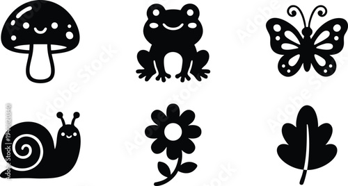 Simple black and white vector icons set featuring smiling mushroom frog butterfly snail flower and leaf illustrations in minimalist cartoon style