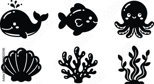 Flat design black silhouette vector icons of smiling whale blowing water fish octopus shell coral and seaweed with cute faces isolated on white background for ocean marine life themed projects