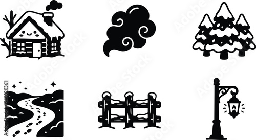 Black silhouette vector icons showing cozy snowy cabin with smoke chimney snow covered pine trees winding snowy path wooden fence and vintage street lamp illustration