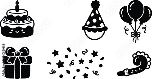 Cute black and white vector birthday party icons including smiling cake with candle party hat gift box balloons confetti and noise maker celebration elements