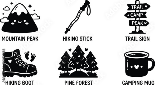 Cute black and white vector icons featuring smiling mountain peak hiking boot hiking stick pine forest trail sign and camping mug set for outdoor adventure camping themes