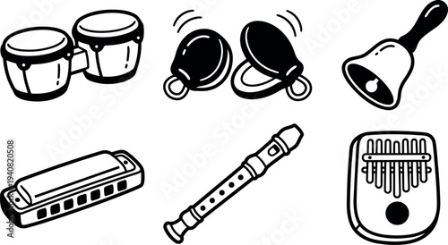 Line art vector icon set showing bongos castanets bell harmonica recorder and kalimba close up top view simple monochrome flat outline